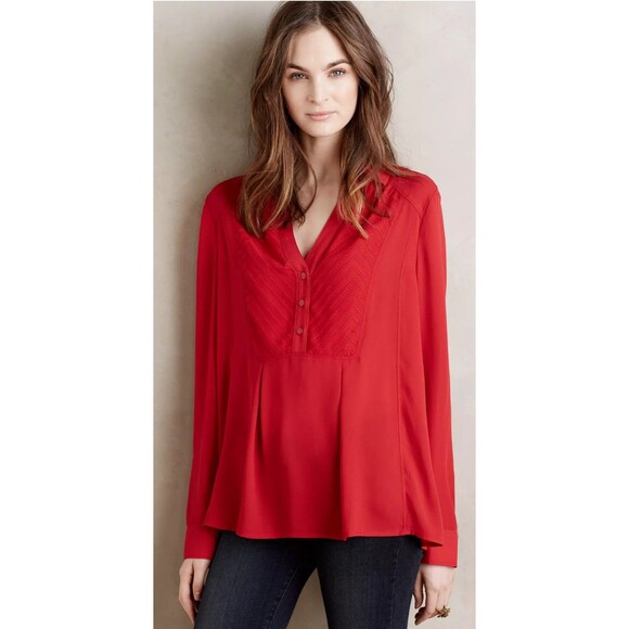 Maeve Tops - Women's Anthropologie Maeve De Stijl Blouse Long Sleeve Holiday Red Size 6